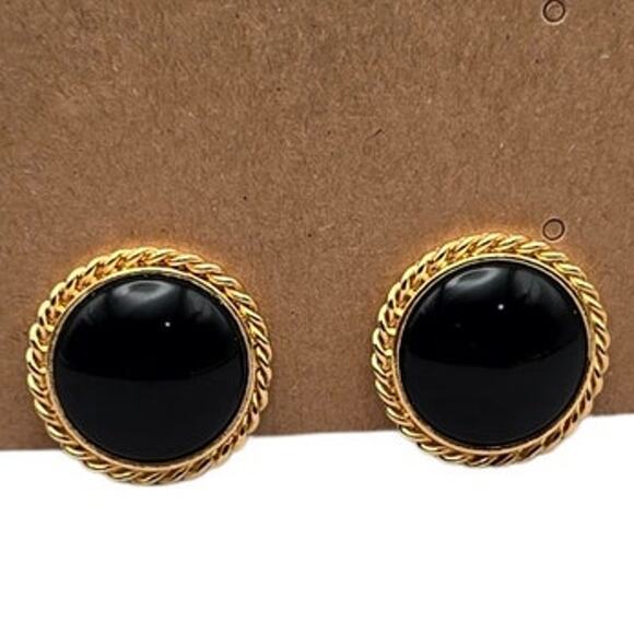 Black Cabochon Domes Vintage Gold-Tone Clip-On Earrings - Picture 1 of 5